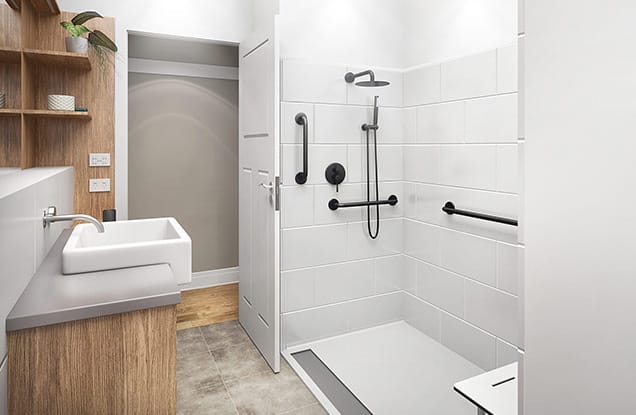 Barre d'appui ergonomique en chrome, fixée sur carrelage mural